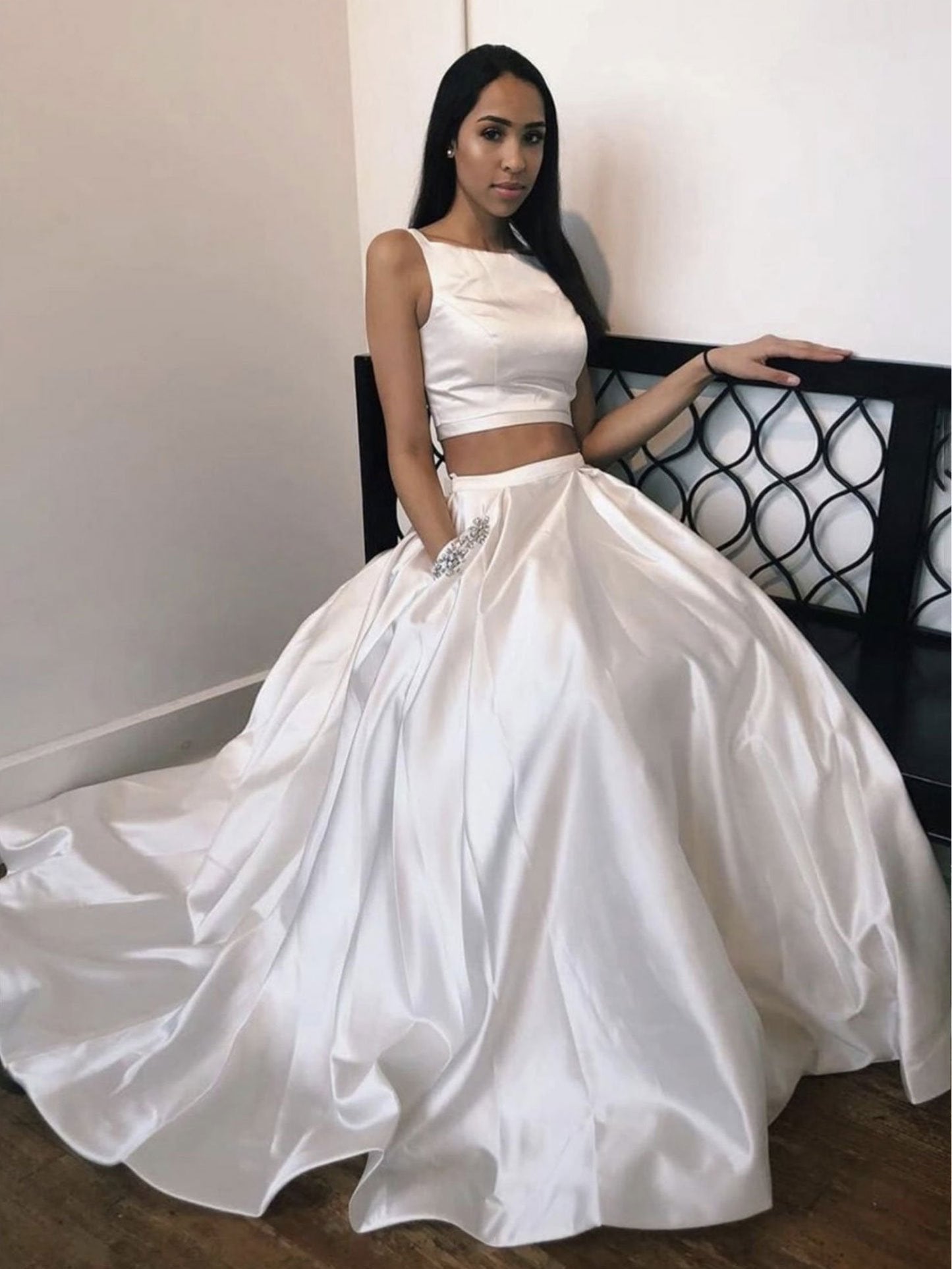 Vestidos de fiesta largos de dos piezas de satén blanco, vestido de noche de graduación con bolsillos 