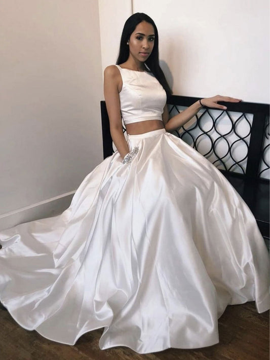 Vestidos de fiesta largos de dos piezas de satén blanco, vestido de noche de graduación con bolsillos 
