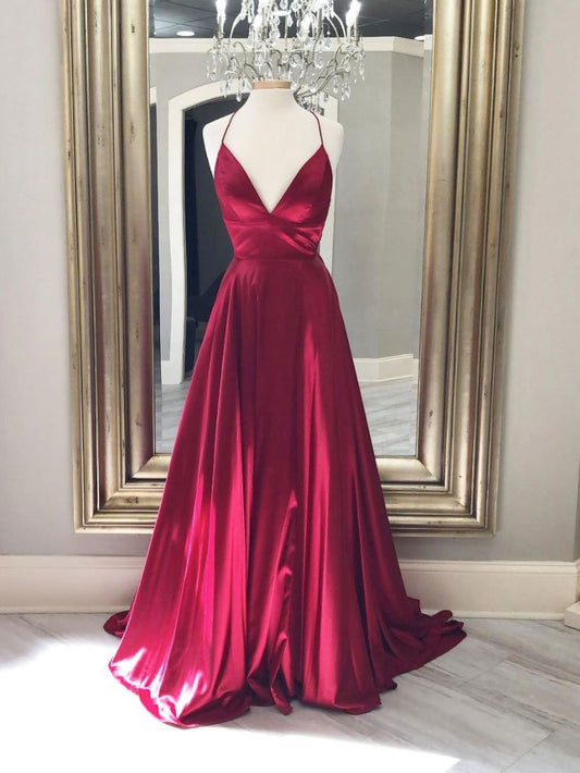 Vestido de fiesta largo de satén con escote en V rojo sencillo, vestido de noche rojo