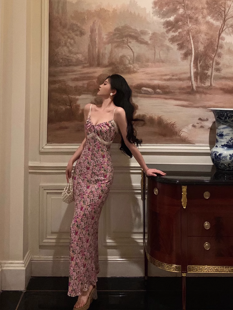 Vestido largo elegante de sirena con tirantes finos y estampado floral rosa para cumpleaños número 18, ideas para vestidos de cumpleaños número 21 para mujeres (DP1313)