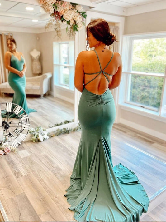 Vestidos de fiesta largos de sirena con escote en V verde sexy, vestido de noche formal para mujer 