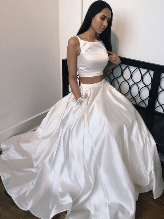 Vestidos de fiesta largos de dos piezas de satén blanco, vestido de noche de graduación con bolsillos 