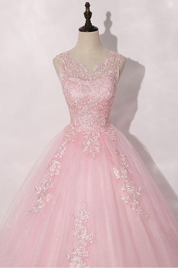 Vestido de fiesta largo de tul con cuello redondo y encaje rosa. Vestido formal de tul rosa.
