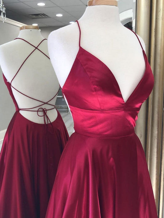 Vestido de fiesta largo de satén con escote en V rojo sencillo, vestido de noche rojo
