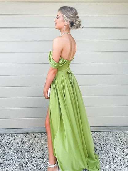 Vestido de fiesta largo de satén verde sencillo con hombros descubiertos, vestido de noche verde