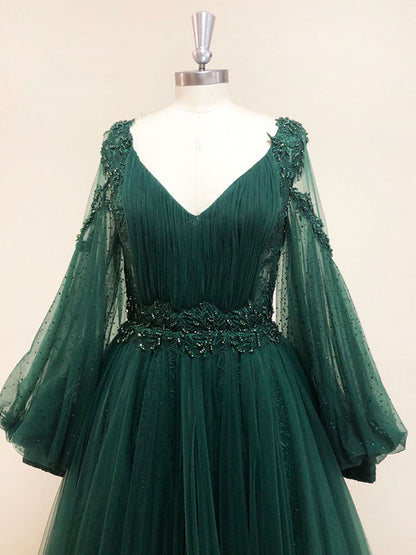 Vestido de fiesta largo de encaje con escote en V verde, vestido de noche de tul con manga larga