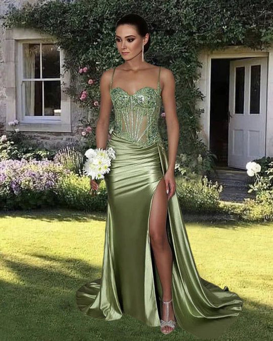 Vestido de noche sencillo de satén verde sin tirantes, con abertura y lentejuelas, corte sirena, TP2770