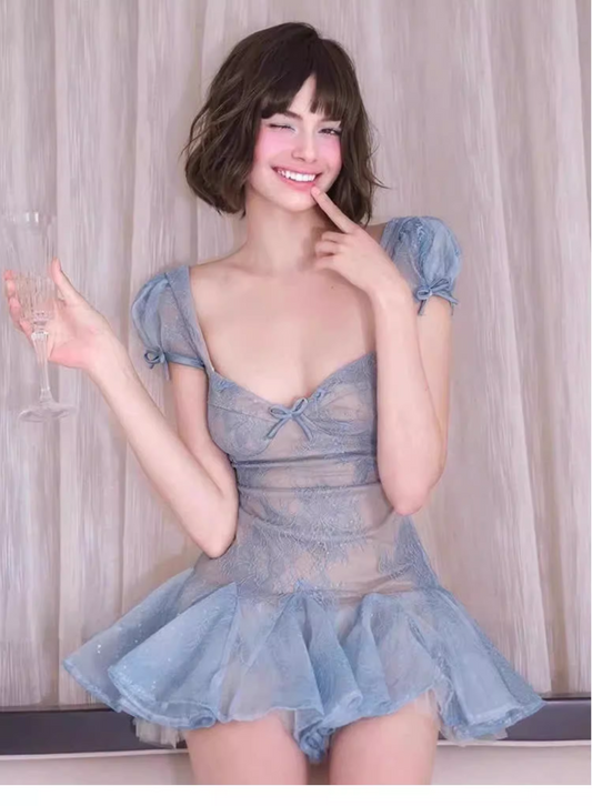 Fashion Light Blue Short-sleeved Design A-line Tulle Party Dress Homecoming Dress TP3819