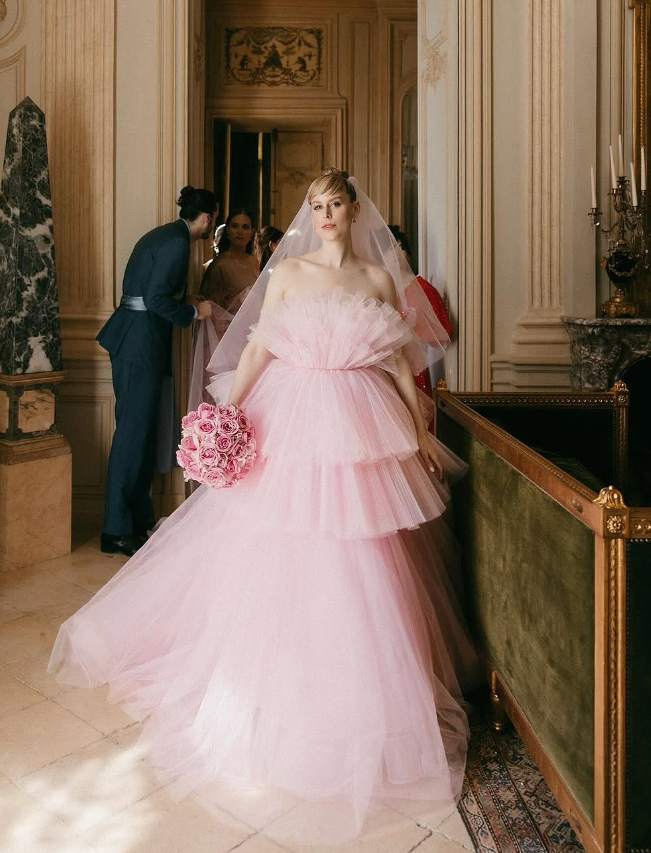 Elegant Pink A Line Strapless Tiered Tulle Long Prom Dress Wedding Dress SH2470