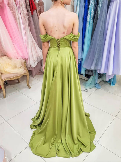 Vestido de fiesta largo de satén verde sencillo con hombros descubiertos, vestido de noche verde