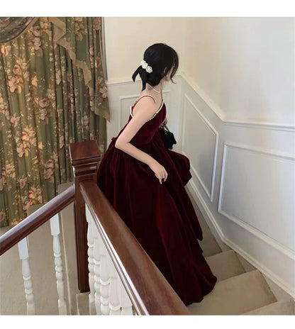 Spaghetti Straps Burgundy Velvet Prom Dress Simple Wedding Party Dress Long