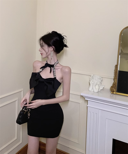 Vestido de fiesta vintage negro con lentejuelas y lazo, corte en A, estilo halter, TP3711