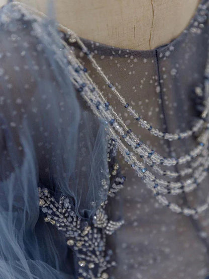Blue gorgeous sparkling exquisite beaded long tulle ball gown evening dress with rhinestones multi-layered dress gh1001