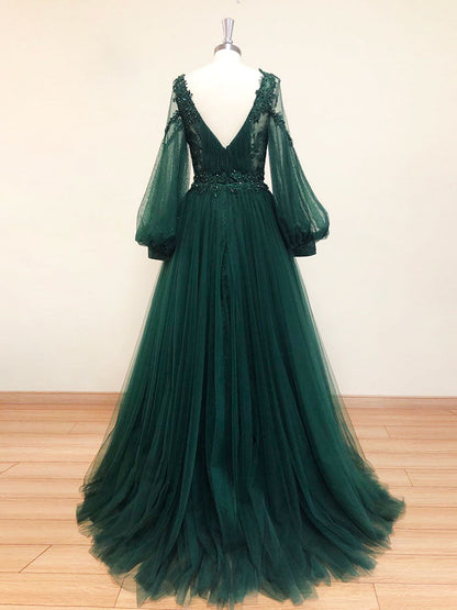 Vestido de fiesta largo de encaje con escote en V verde, vestido de noche de tul con manga larga