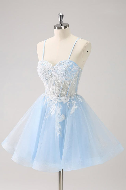 New Fashion Light Blue Flower Embroidery Design A-line Spaghetti Strap Homecoming Dress TP3416