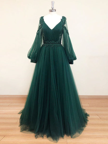 Vestido de fiesta largo de encaje con escote en V verde, vestido de noche de tul con manga larga