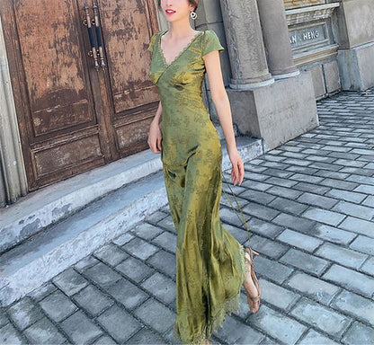 shopuniqlos-Green open back elegant dress, French country style dress, wedding guest dress, prom dress, birthday dress, evening dress, party dress gh5157