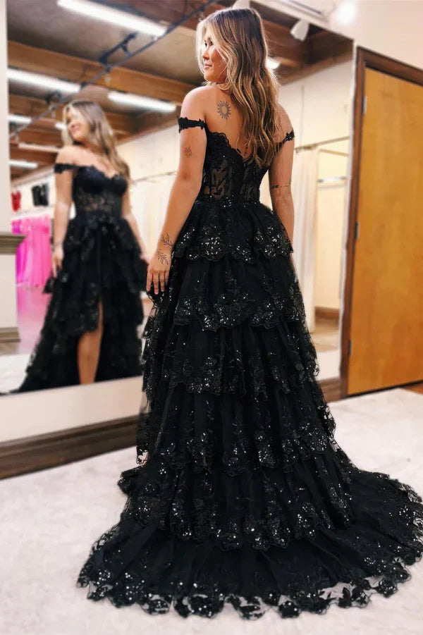 Hermoso vestido de fiesta largo con hombros descubiertos, apliques de tul negro y volantes, vestido de graduación DP517