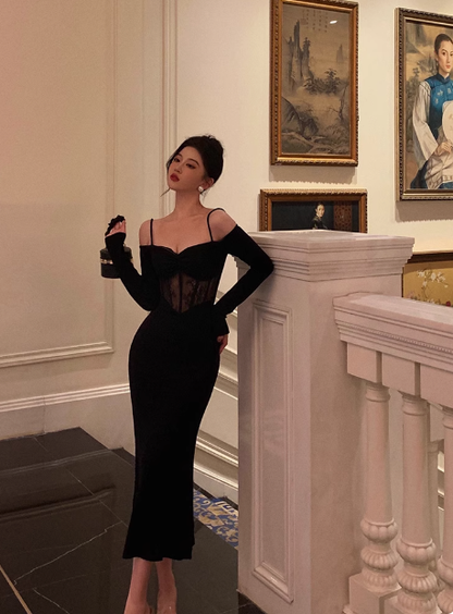 Vestido negro sexy de manga larga para 21 cumpleaños. Ideas para vestidos de cumpleaños para mujeres (DP1898).