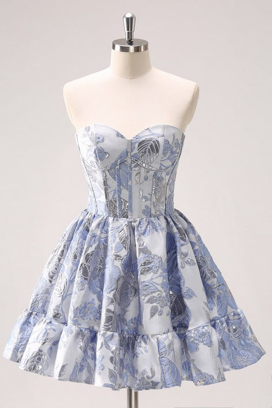 Retro Fashion Blue Corset Design Strapless Mini Party Dress  Floral Homecoming Dress TP3393