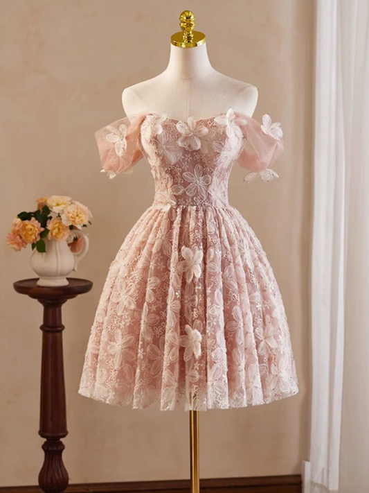 Retro Pink Applique Off-the-shoulder Design A-line Tulle Party Dress Homecoming Dress TP4068