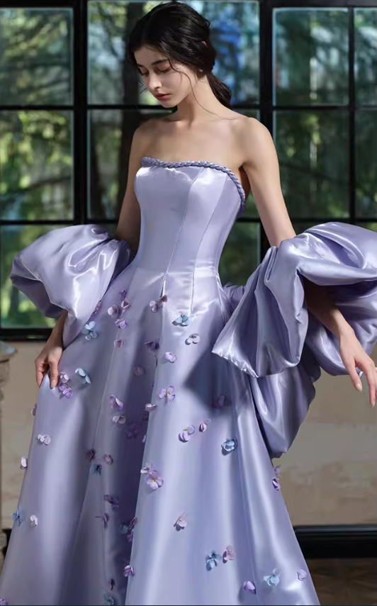 Romantic Purple A Line Strapless Appliques Satin Long Evening Dress Gown Dress SH3588