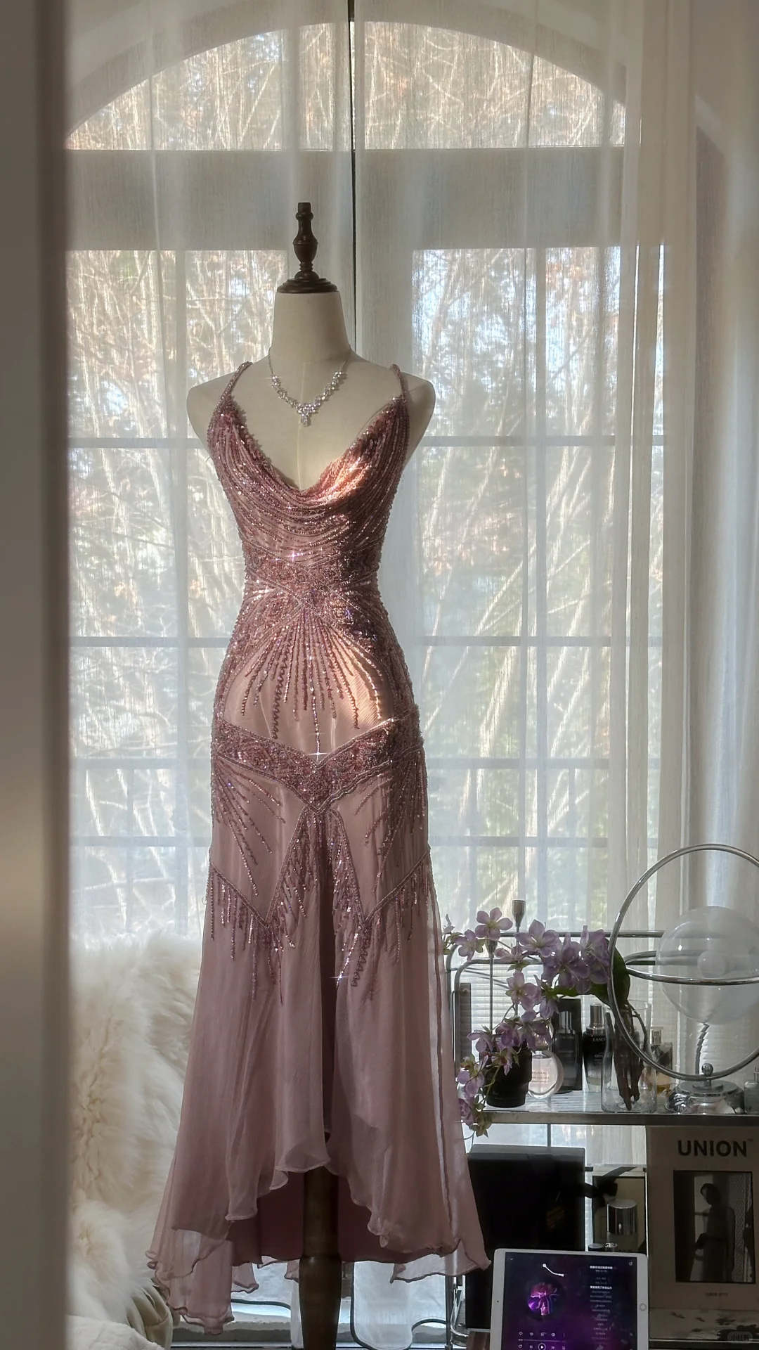 Vestido de noche elegante vintage morado de gasa larga con tirantes finos, vestido de fiesta romántico, vestido de fiesta TP3969