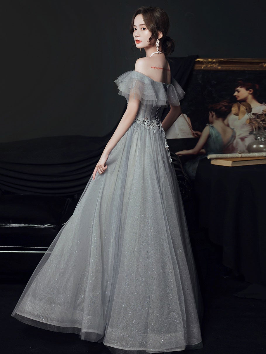 Vestido de fiesta largo de tul gris con hombros descubiertos, vestido formal de tul gris