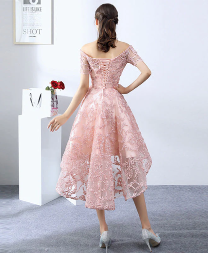 Vestido de fiesta vintage de tul con apliques rosas y hombros descubiertos, corte A, para regreso a casa, TP4064