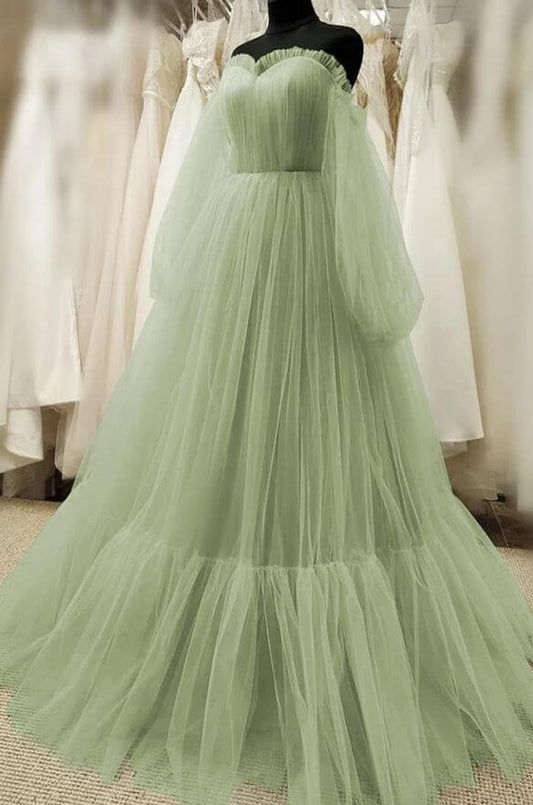 Vestido de fiesta sencillo de tul verde con mangas de obispo, vestidos para fiestas y eventos.