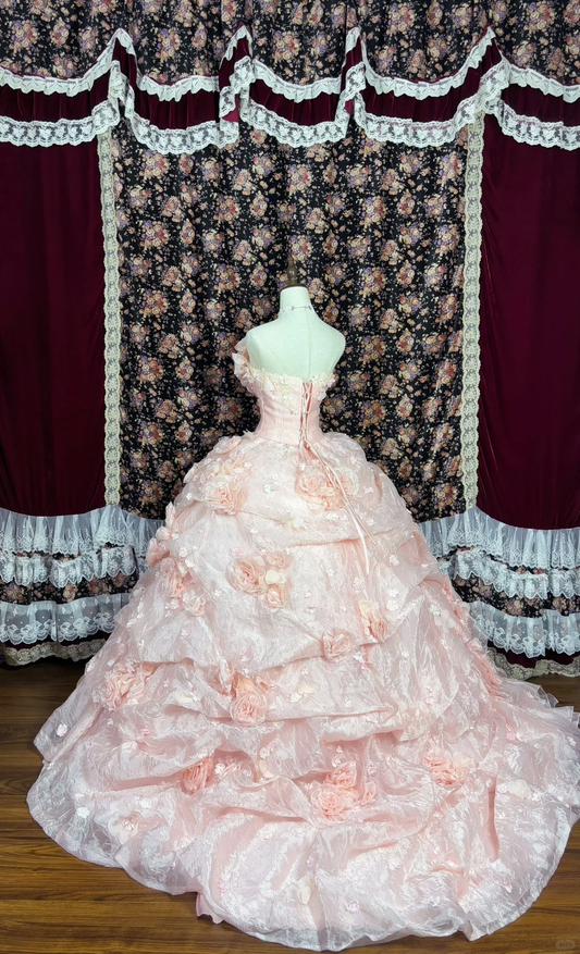 Hermoso vestido de quinceañera con flores rosas en 3D, sin tirantes, corte A, largo hasta el suelo, para fiesta de graduación, noche, baile, TP4391