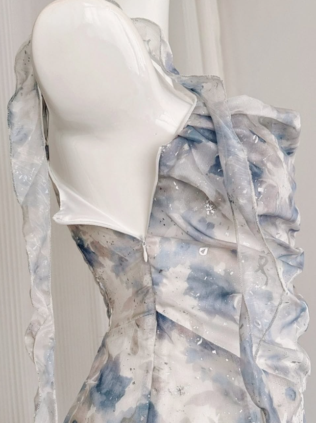 Gentle A Line Straps Blue Print Flower Chiffon Short Homecoming Dress Cocktail Dress SH3054