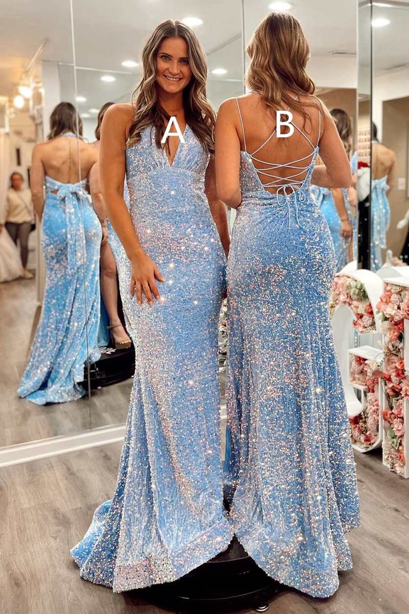 Vestidos de fiesta largos de sirena con lentejuelas azul claro, vestido de fiesta formal rojo sexy