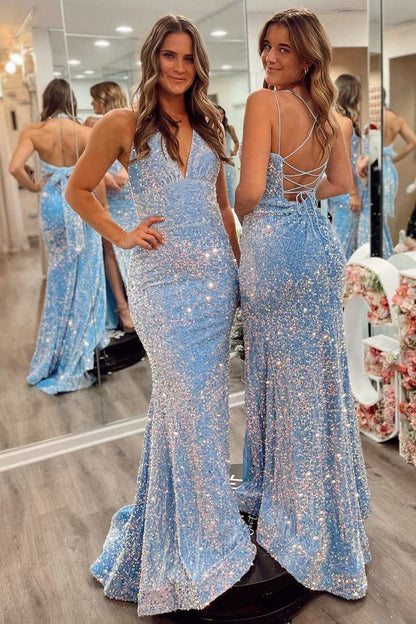Vestidos de fiesta largos de sirena con lentejuelas azul claro, vestido de fiesta formal rojo sexy