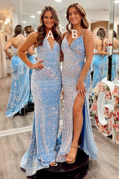 Vestidos de fiesta largos de sirena con lentejuelas azul claro, vestido de fiesta formal rojo sexy