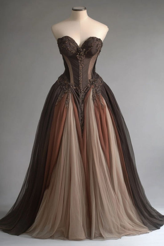 Brown Vintage Fashion Exquisite Applique Lace Sweetheart Neck A-Line Long Elegant Tulle Ball Gown Evening Gown Wedding Dress gh3399
