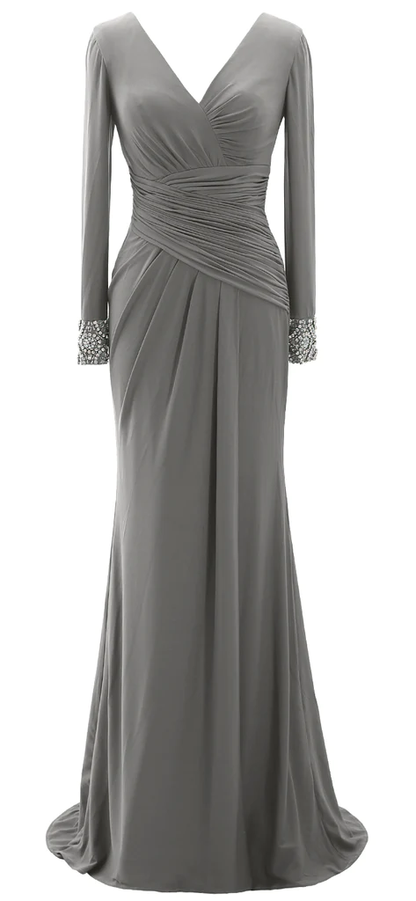 Vestidos largos de madre de la novia para mujer, vestido de noche verde gris con manga larga y cuello en V