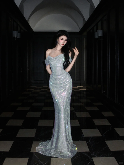 Shiny Mermaid Off the Shoulder Silver Sequin Long Evening Dress Ball Gown SH3489