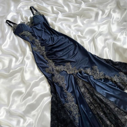 Vestido de fiesta de sirena azul marino vintage de diseñadores de vestidos de noche