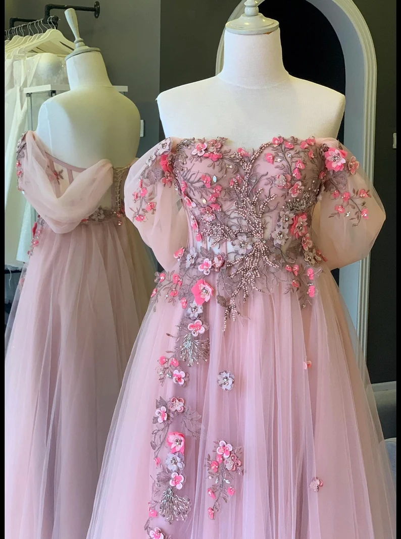 Off The Shoulder Tulle Applique Long Prom Dress Fairy Evening Dress SH705