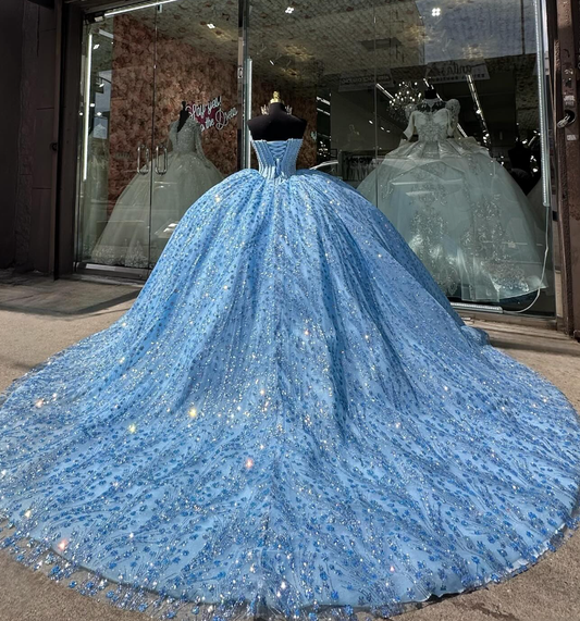 Blue Tulle Appliques Beaded Ball Gown Sweet 16 Dress Quinceanera Dress SH2121