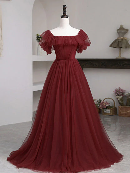 Vestido de fiesta largo sencillo de tul burdeos con corte en A, vestidos de cumpleaños con hombros descubiertos