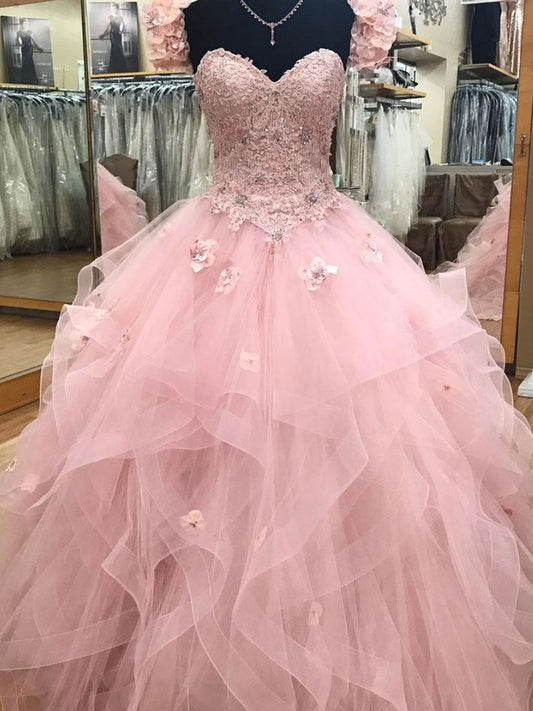 Vestido de fiesta largo de tul con escote en forma de corazón rosa, vestido de fiesta para dulces 16, vestidos de princesa para quinceañera