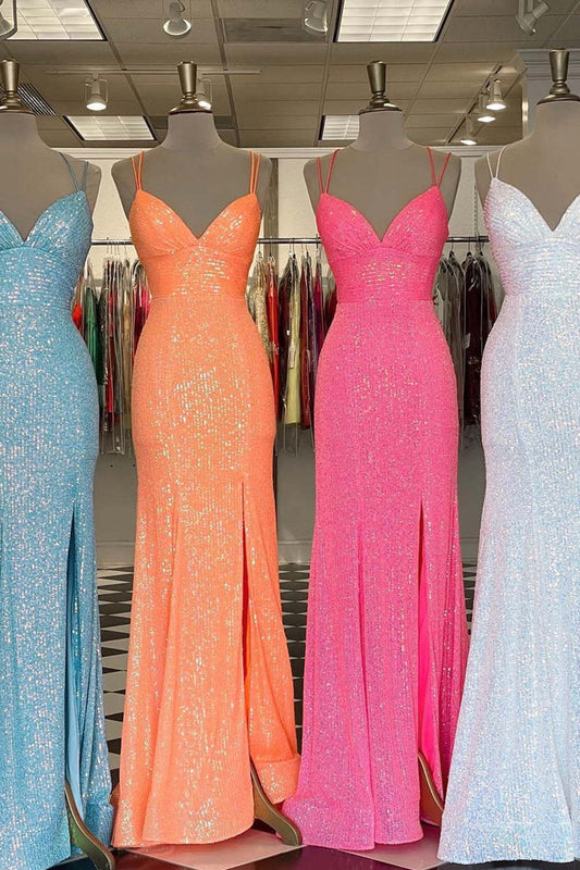 V Neck Straps Sequined Mermaid Prom Dresses, Long Slit Evening Dresses GP404