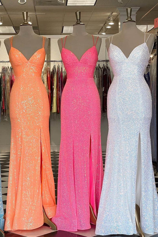 V Neck Straps Sequined Mermaid Prom Dresses, Long Slit Evening Dresses GP404