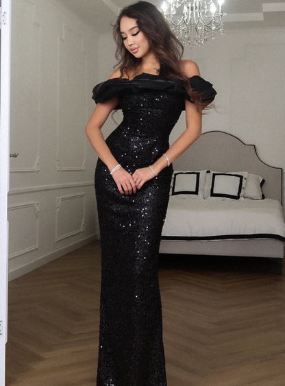 Sexy Black Sheath Off the Shoulder Sequin Prom Dress Formal Dress Party Dress SH3748