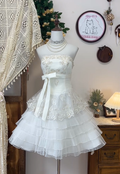 Vintage A Line Strapless Appliques Layered Bow Organza Short Homecoming Dress Cocktail Dress SH3001