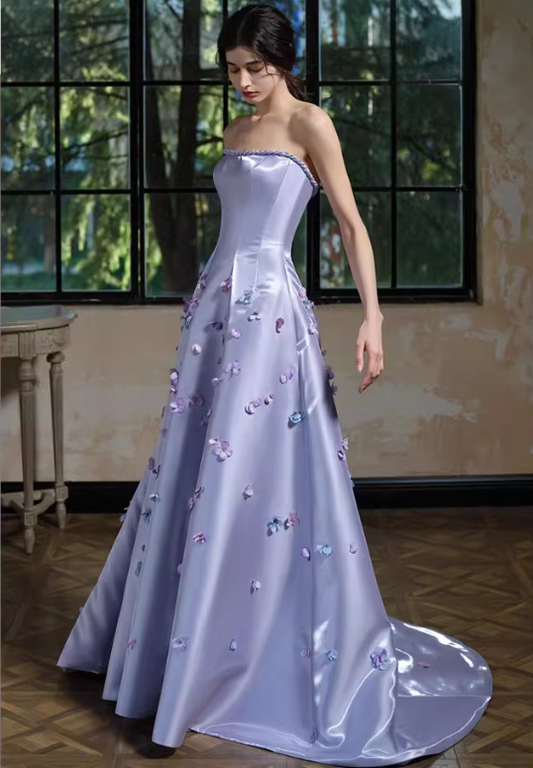 Romantic Purple A Line Strapless Appliques Satin Long Evening Dress Gown Dress SH3588