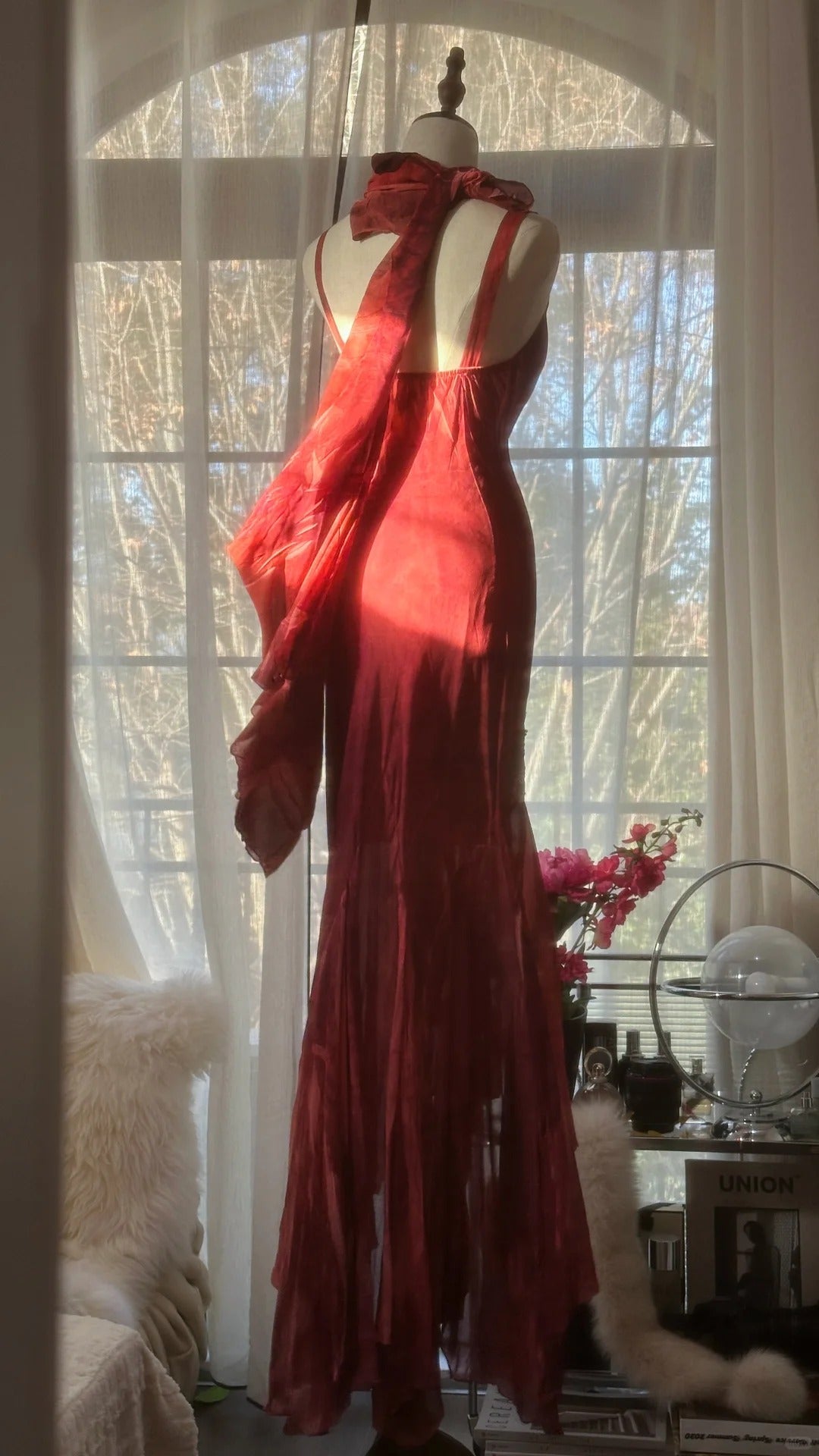 Red Romantic Fashion Elegant Exquisite Lotus Gold Beaded Long Chiffon Fishtail Skirt Mermaid Slim Ball Gown Evening Dress Birthday/Wedding Guest/Holiday Party Dress Prom Dress Valentine's Day Date Dress gh4029