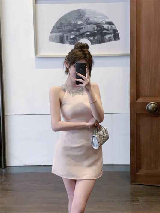 Fashion Pink Beading Design A-line Halter Homecoming Dress TP3689